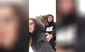 Teen couple wants some warming up and decides while climbing a mountain to have a fast deep vagina penetration with ass cumshot