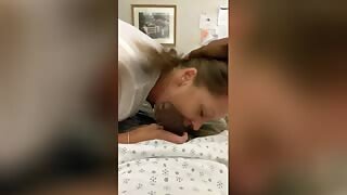 Naughty nurse sucks deepthroat the male's fat black mushroom head cock while he is lying down in the public rehabilitation hospital bed 