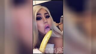 Horny bitch does the perfect homemade amateur banana closeup sucking with her gorgeous face and shows off her curvy sensual hot body 